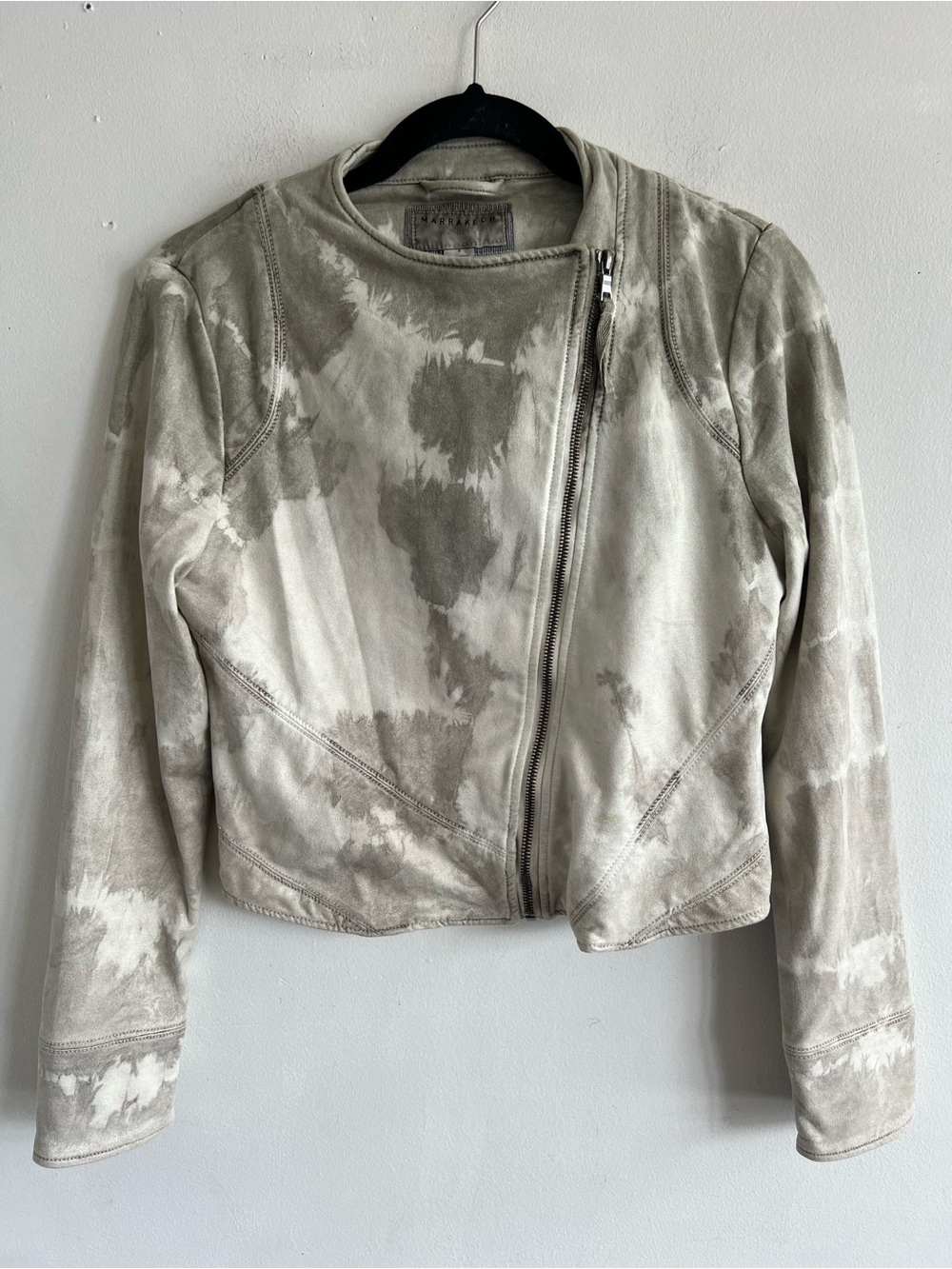 Marrakech Anthropology Tie-Dye Light Gray Suede Zip-Front Moto Jacket